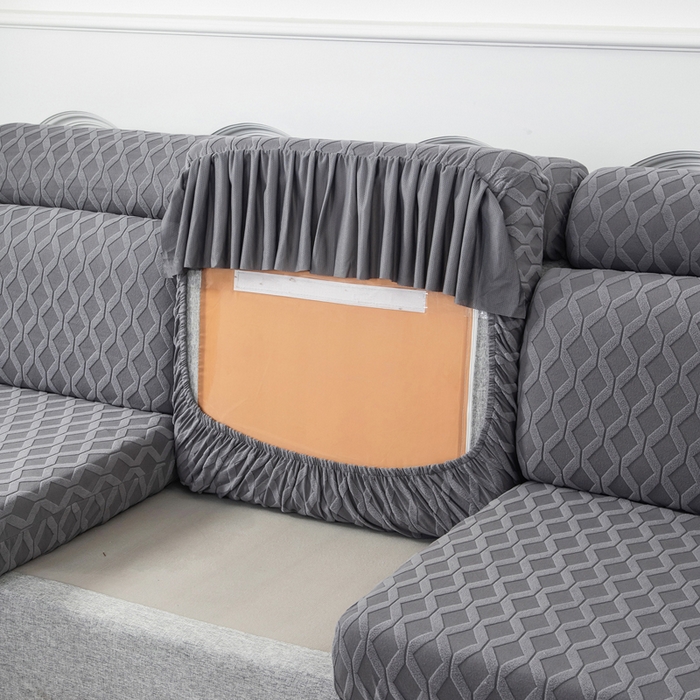 91家纺网 家纺一手货源 找家纺 千彤沙发垫 2024新款裙边款拉花绒菱形格系列沙发笠 深灰