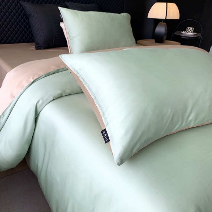 91家纺网 家纺一手货源 找家纺 莱豫家纺 2024新款80支莱赛尔天丝纯色双拼四件套 初夏春田绿