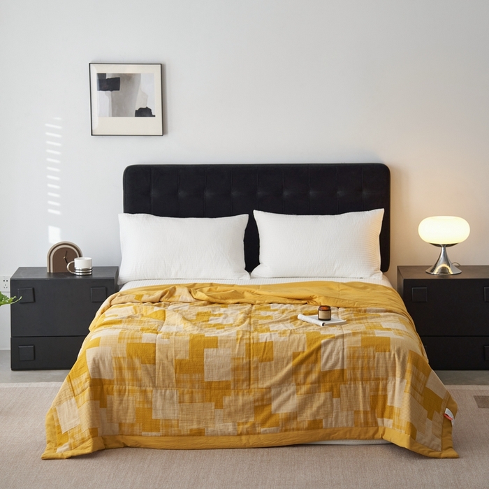 91家纺网 家纺一手货源 找家纺 安莱生活 2024新款双层纱拼布田园单夏被系列 拼布田园-姜黄