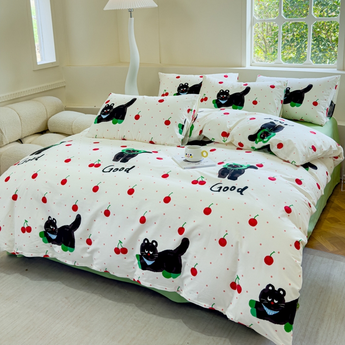 91家纺网 家纺一手货源 找家纺 感遇 2024新款全棉印花四件套 樱桃猫咪