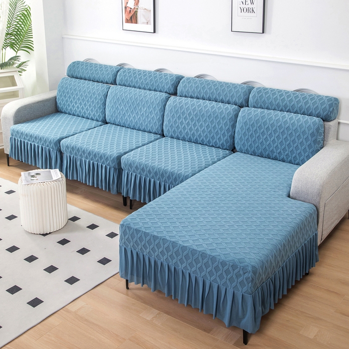91家纺网 家纺一手货源 找家纺 千彤沙发垫 2024新款裙边款拉花绒菱形格系列沙发笠 水蓝