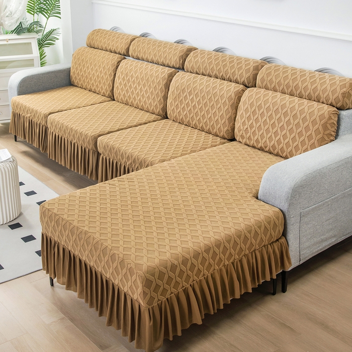 91家纺网 家纺一手货源 找家纺 千彤沙发垫 2024新款裙边款拉花绒菱形格系列沙发笠 咖色