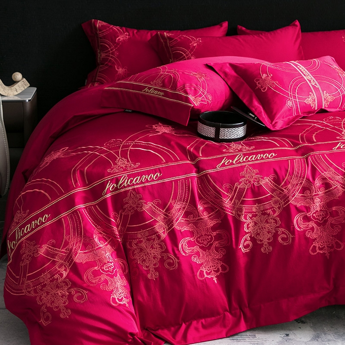 91家纺网 家纺一手货源 找家纺  【A类母婴级】100支长绒棉四件套全棉纯棉轻奢风床单床笠款重工刺绣秋冬季新品床上用品 克里斯 温莎红