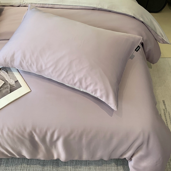 91家纺网 家纺一手货源 找家纺 莱豫家纺 2024新款80支莱赛尔天丝纯色双拼四件套 奶油香芋紫