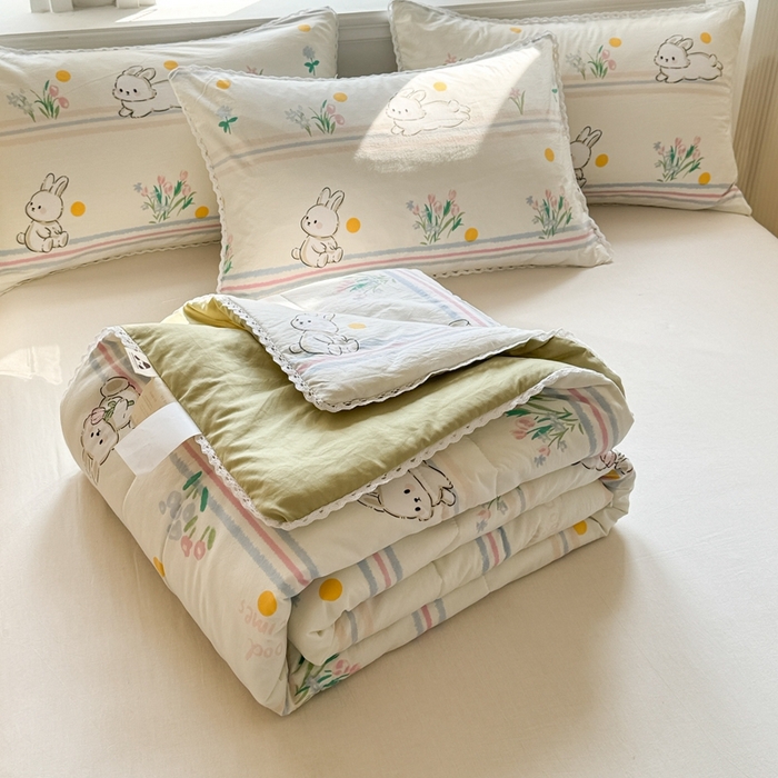 91家纺网 家纺一手货源 找家纺 慕尚家纺2025新款双层纱水洗夏被子被芯 粉黛小兔