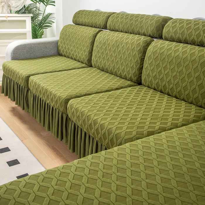 91家纺网 家纺一手货源 找家纺 千彤沙发垫 2024新款裙边款拉花绒菱形格系列沙发笠 橄榄绿