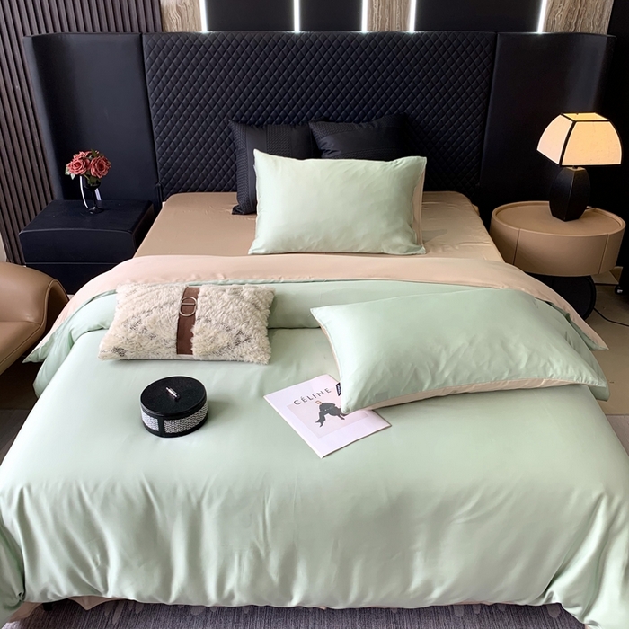 91家纺网 家纺一手货源 找家纺 莱豫家纺 2024新款80支莱赛尔天丝纯色双拼四件套 初夏春田绿