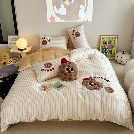 优悦2024新款冰丝卡通贴布绣四件套 曲奇饼干-黄