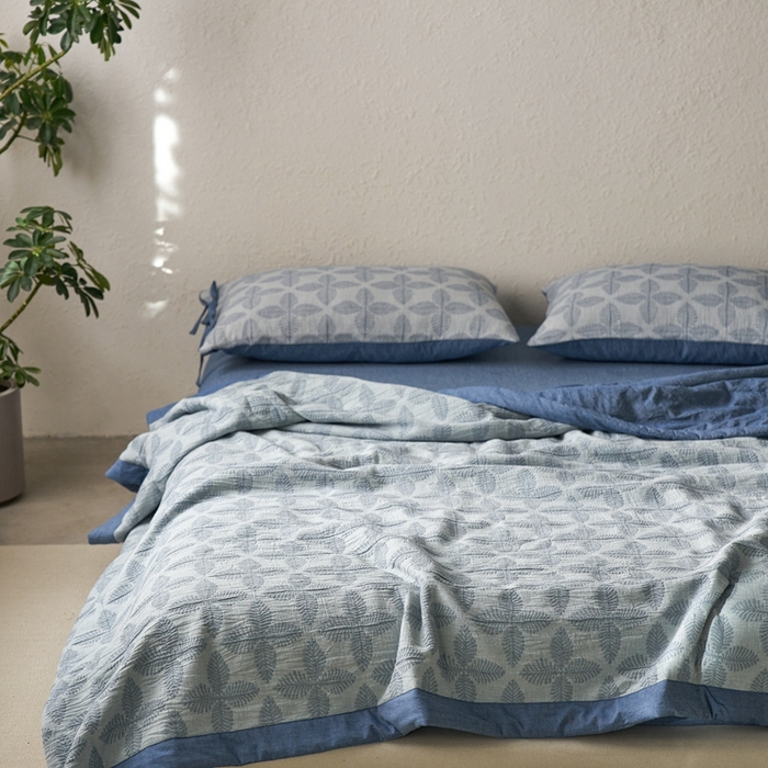 91家纺网 家纺一手货源 找家纺 安莱生活 2024新款双层纱色织提花四叶草夏被及夏被四件套系列 四叶草-蓝