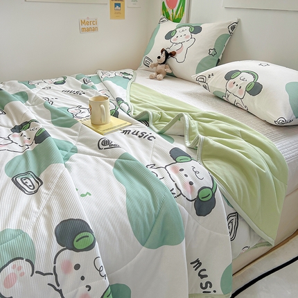 柒月2024新款华夫格小清新卡通印花夏被 斑点狗绿-