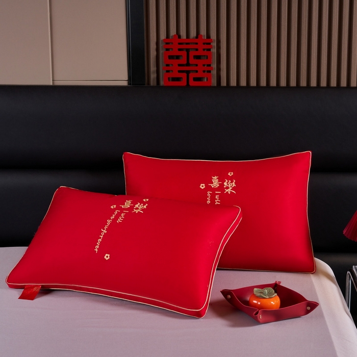 91家纺网 家纺一手货源 找家纺 贤内助 2024新款全棉婚庆羽丝枕保健枕枕头枕芯系列 喜乐 48*74cm/只