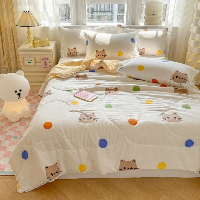 91家纺网 家纺一手货源 找家纺 慕尚家纺2025新款双层纱水洗夏被子被芯 波点猫