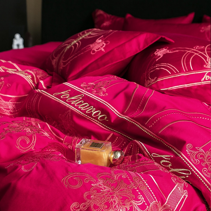 91家纺网 家纺一手货源 找家纺  【A类母婴级】100支长绒棉四件套全棉纯棉轻奢风床单床笠款重工刺绣秋冬季新品床上用品 克里斯 温莎红