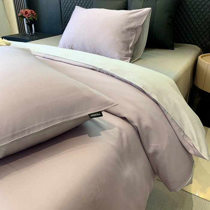 91家纺网 家纺一手货源 找家纺 莱豫家纺 2024新款80支莱赛尔天丝纯色双拼四件套 奶油香芋紫