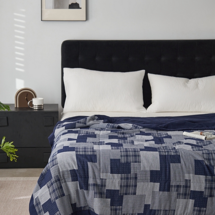 91家纺网 家纺一手货源 找家纺 安莱生活 2024新款双层纱拼布田园单夏被系列 拼布田园-藏青