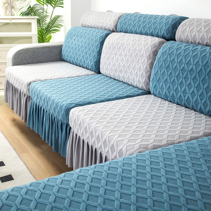 91家纺网 家纺一手货源 找家纺 千彤沙发垫 2024新款裙边款拉花绒菱形格系列沙发笠 水蓝银灰组合