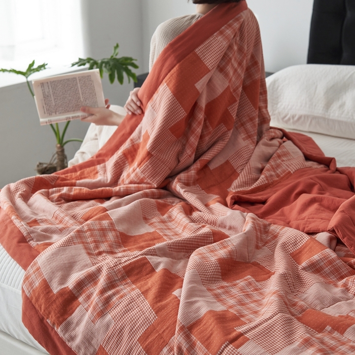 91家纺网 家纺一手货源 找家纺 安莱生活 2024新款双层纱拼布田园单夏被系列 拼布田园-橘红