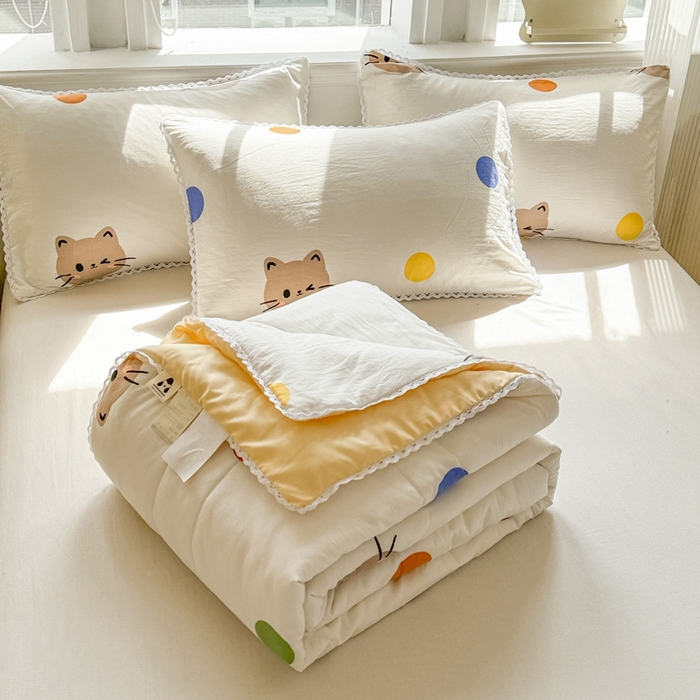 91家纺网 家纺一手货源 找家纺 慕尚家纺2025新款双层纱水洗夏被子被芯 波点猫