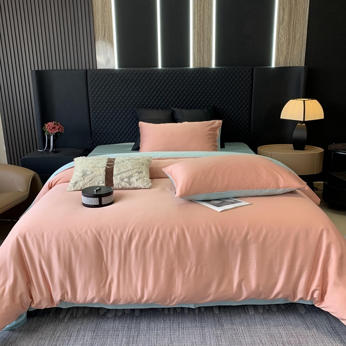 91家纺网 家纺一手货源 找家纺 莱豫家纺 2024新款80支莱赛尔天丝纯色双拼四件套 伯爵夫人粉