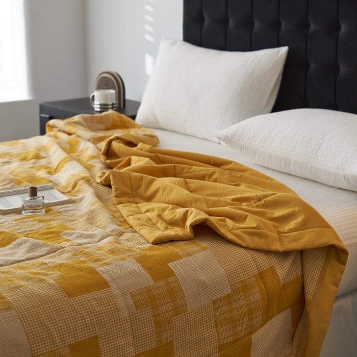 91家纺网 家纺一手货源 找家纺 安莱生活 2024新款双层纱拼布田园单夏被系列 拼布田园-姜黄