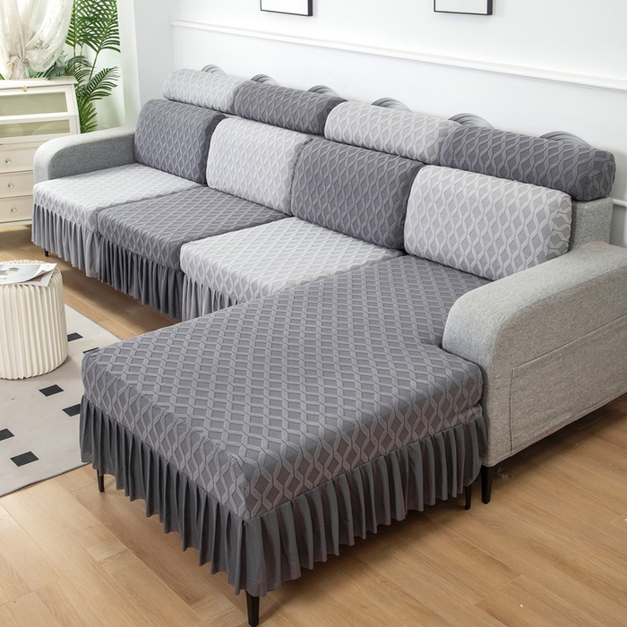 91家纺网 家纺一手货源 找家纺 千彤沙发垫 2024新款裙边款拉花绒菱形格系列沙发笠 深灰银灰组合