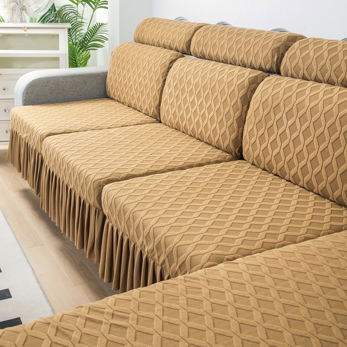 91家纺网 家纺一手货源 找家纺 千彤沙发垫 2024新款裙边款拉花绒菱形格系列沙发笠 咖色