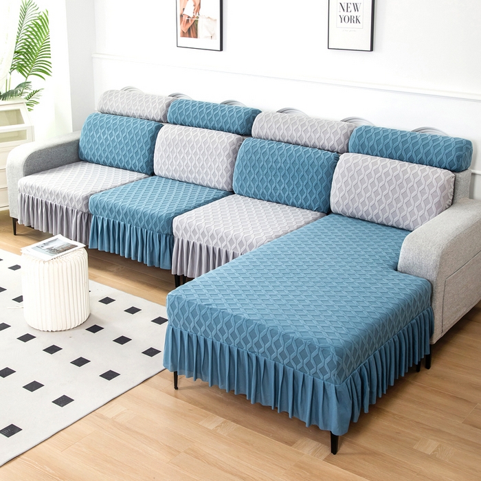 91家纺网 家纺一手货源 找家纺 千彤沙发垫 2024新款裙边款拉花绒菱形格系列沙发笠 水蓝银灰组合