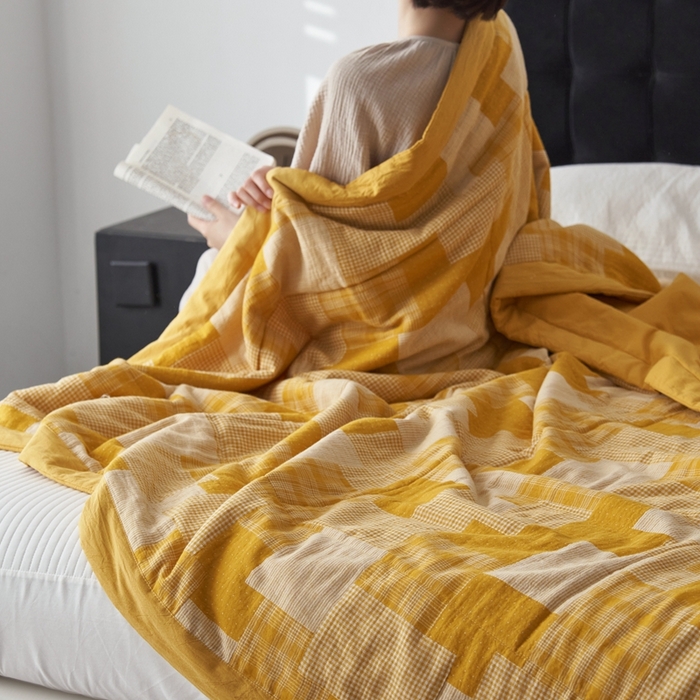 91家纺网 家纺一手货源 找家纺 安莱生活 2024新款双层纱拼布田园单夏被系列 拼布田园-姜黄