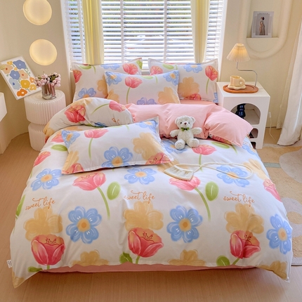 91家纺网 家纺一手货源 找家纺 金丝兔2025新款植物羊绒加厚磨毛印花四件套直播热款全年供货量大可送 海盐白茶