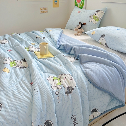 柒月2024新款华夫格小清新卡通印花夏被 快乐狗狗-