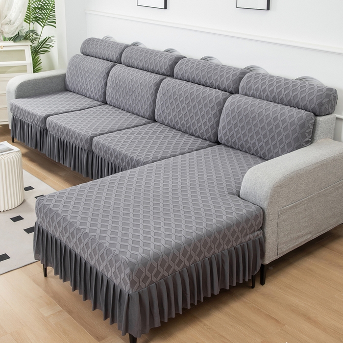 91家纺网 家纺一手货源 找家纺 千彤沙发垫 2024新款裙边款拉花绒菱形格系列沙发笠 深灰