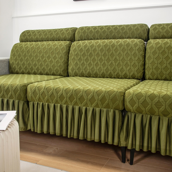 91家纺网 家纺一手货源 找家纺 千彤沙发垫 2024新款裙边款拉花绒菱形格系列沙发笠 橄榄绿