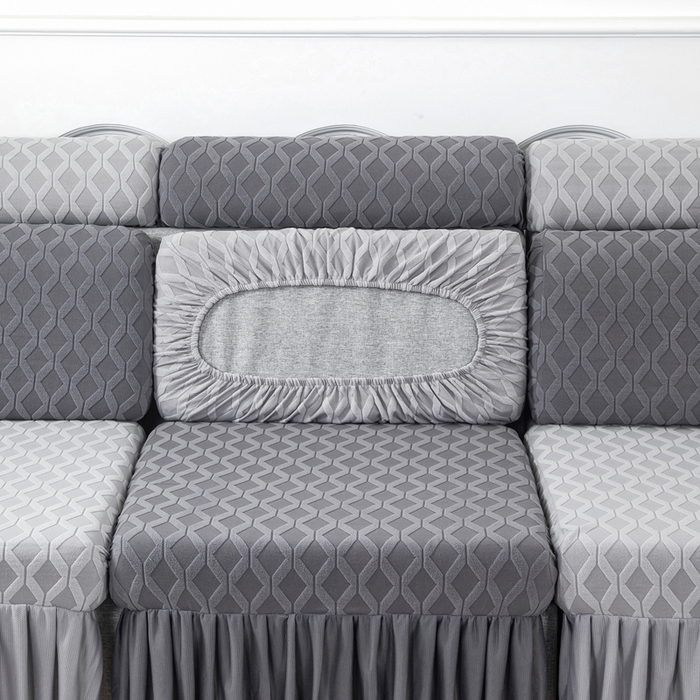 91家纺网 家纺一手货源 找家纺 千彤沙发垫 2024新款裙边款拉花绒菱形格系列沙发笠 深灰银灰组合