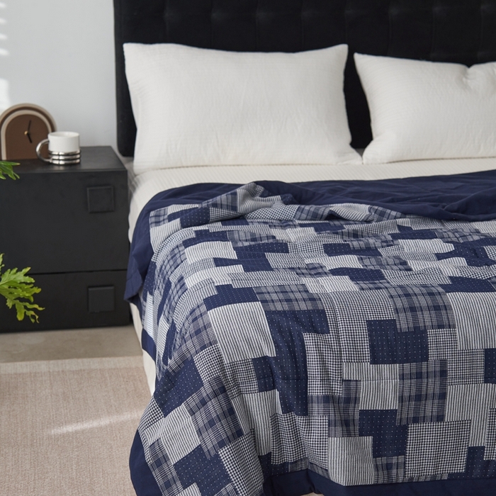 91家纺网 家纺一手货源 找家纺 安莱生活 2024新款双层纱拼布田园单夏被系列 拼布田园-藏青