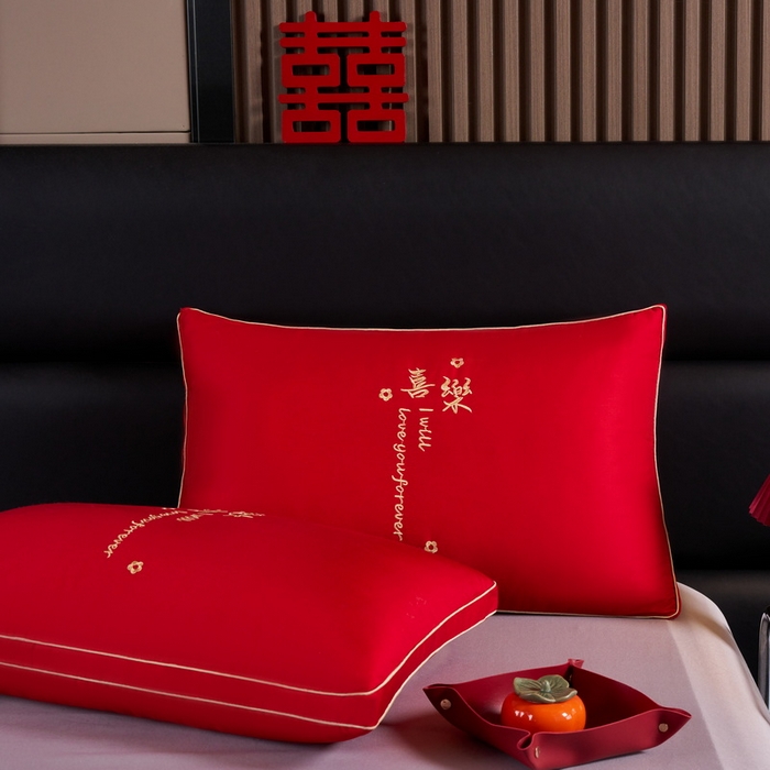 91家纺网 家纺一手货源 找家纺 贤内助 2024新款全棉婚庆羽丝枕保健枕枕头枕芯系列 喜乐 48*74cm/只