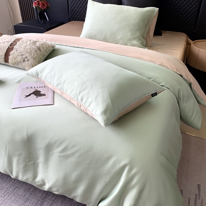 91家纺网 家纺一手货源 找家纺 莱豫家纺 2024新款80支莱赛尔天丝纯色双拼四件套 初夏春田绿