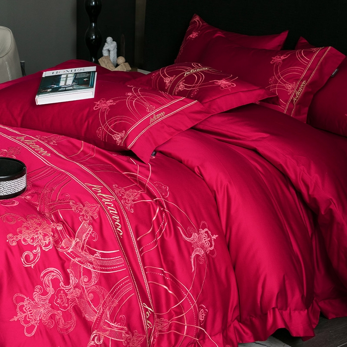 91家纺网 家纺一手货源 找家纺  【A类母婴级】100支长绒棉四件套全棉纯棉轻奢风床单床笠款重工刺绣秋冬季新品床上用品 克里斯 温莎红