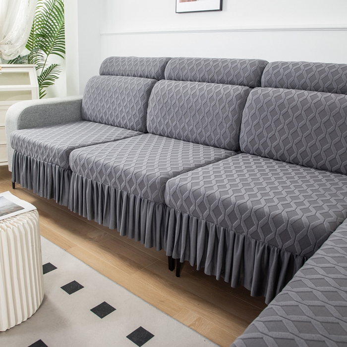 91家纺网 家纺一手货源 找家纺 千彤沙发垫 2024新款裙边款拉花绒菱形格系列沙发笠 深灰