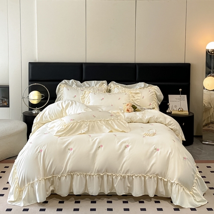 91家纺网 家纺一手货源 找家纺 绒掌柜2025新款水洗天丝真丝冰丝四件套（品质级有买家秀）—花影仙踪系列 花影仙踪-奶昔白