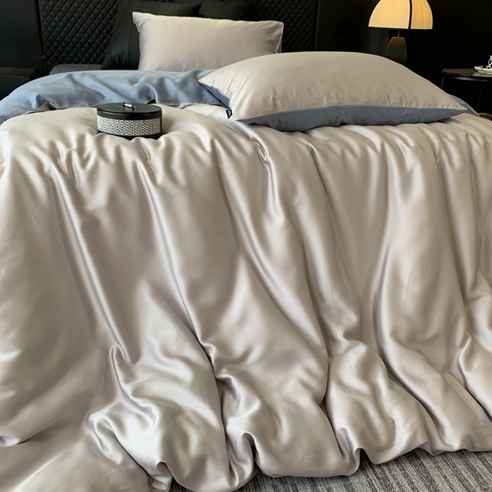 91家纺网 家纺一手货源 找家纺 莱豫家纺 2024新款80支莱赛尔天丝纯色双拼四件套 莫奈印象灰