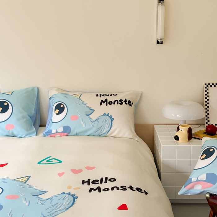 91家纺网 家纺一手货源 找家纺 曼之夏 2024新款40支高精密数码印花全棉四件套 独眼小怪