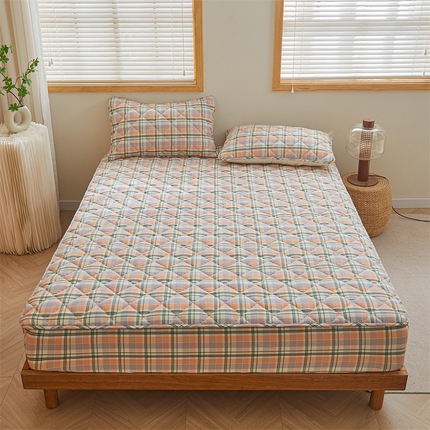 居眠 2024新款全棉色织水洗棉格子夹棉床笠 夹棉款-映梦-粉