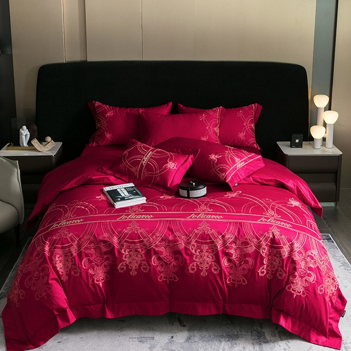 91家纺网 家纺一手货源 找家纺  【A类母婴级】100支长绒棉四件套全棉纯棉轻奢风床单床笠款重工刺绣秋冬季新品床上用品 克里斯 温莎红