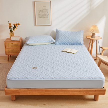 91家纺网 家纺一手货源 找家纺 暖季家纺 2025新款A类原棉母婴级防水床笠 迷宫格-天蓝