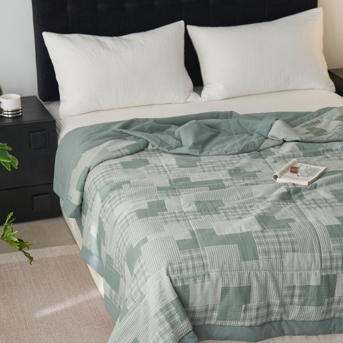 91家纺网 家纺一手货源 找家纺 安莱生活 2024新款双层纱拼布田园单夏被系列 拼布田园-灰绿