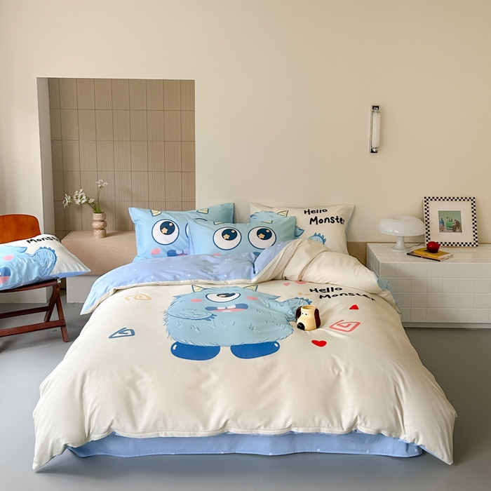 91家纺网 家纺一手货源 找家纺 曼之夏 2024新款40支高精密数码印花全棉四件套 独眼小怪