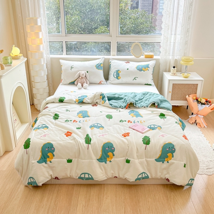 91家纺网 家纺一手货源 找家纺 慕尚家纺2025新款双层纱水洗夏被子被芯 萌萌恐龙