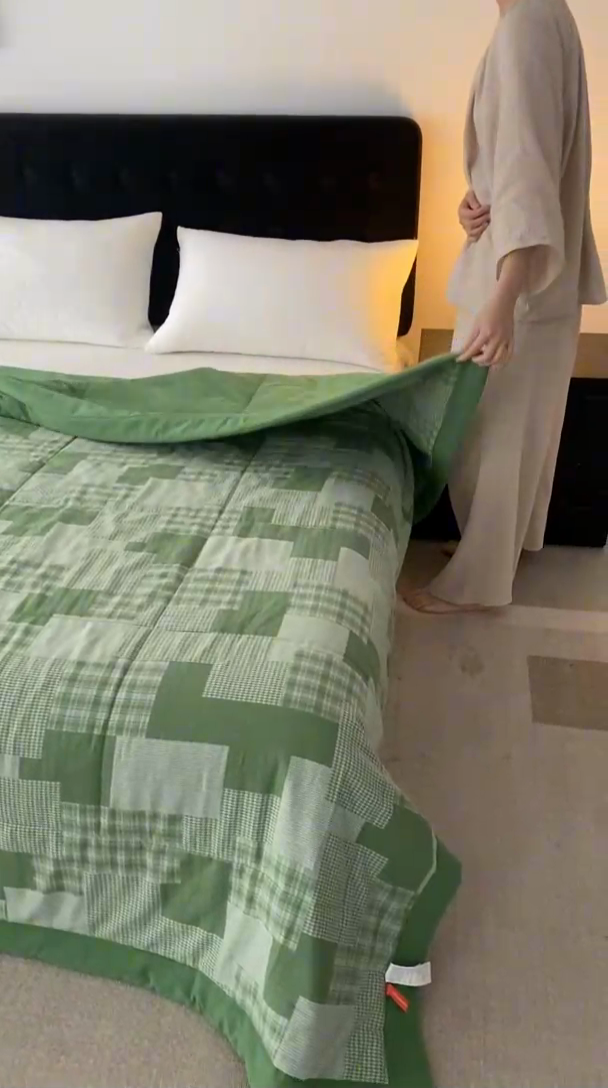 91家纺网 家纺一手货源 找家纺 安莱生活 2024新款双层纱拼布田园单夏被系列 拼布田园-嫩绿