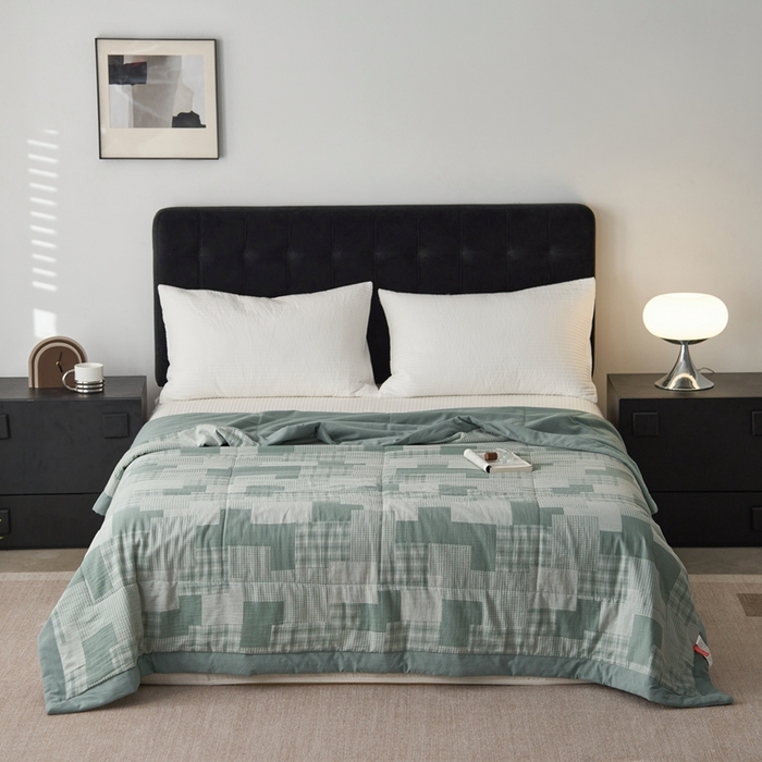 91家纺网 家纺一手货源 找家纺 安莱生活 2024新款双层纱拼布田园单夏被系列 拼布田园-灰绿