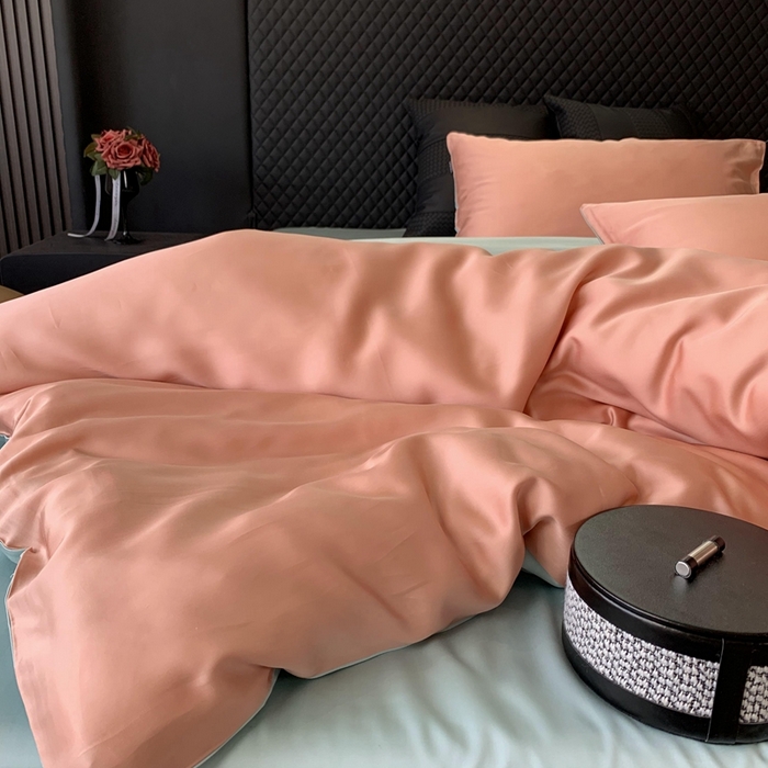 91家纺网 家纺一手货源 找家纺 莱豫家纺 2024新款80支莱赛尔天丝纯色双拼四件套 伯爵夫人粉